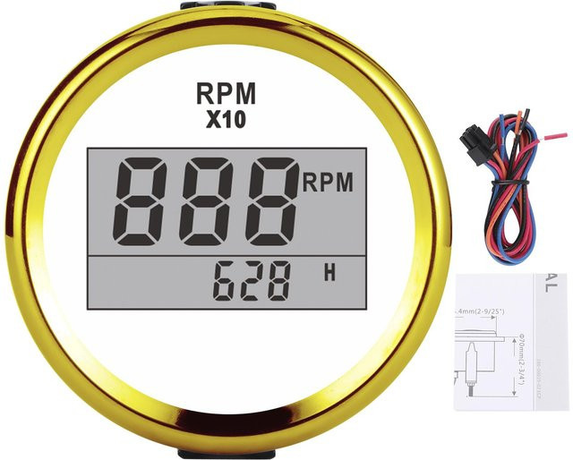 DIYelecs Drehzahlmesser mit LCD-Anzeige und roter Hintergrundbeleuchtung, IP67 wasserdicht, 9-32V, Durchmesser: 5,2 cm, Farbe: Weiß mit goldenem Rahmen - Bild 1
