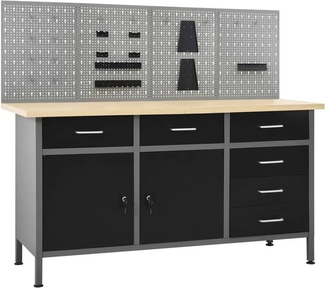 vidaXL Werkbank mit 4 Werkzeugwänden in Schwarz und Grau, höhenverstellbar, Stahl und Holz, B: 160 cm, T: 60 cm, H: 85 cm bis 91 cm - Bild 1