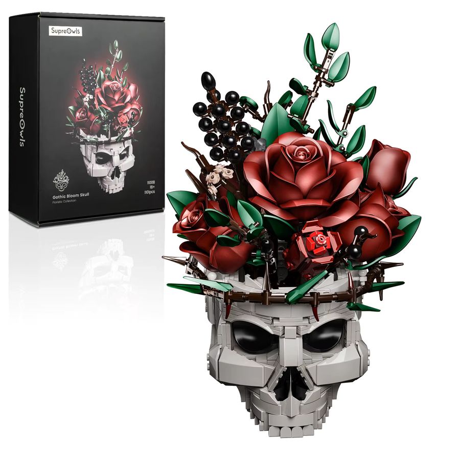 SupreOwls Totenkopf-Blumen Baustein-Set mit gotischem Rosenstrauß und Skelett-Blumentopf als dekoratives Sammlerstück für Erwachsene - Bild 3