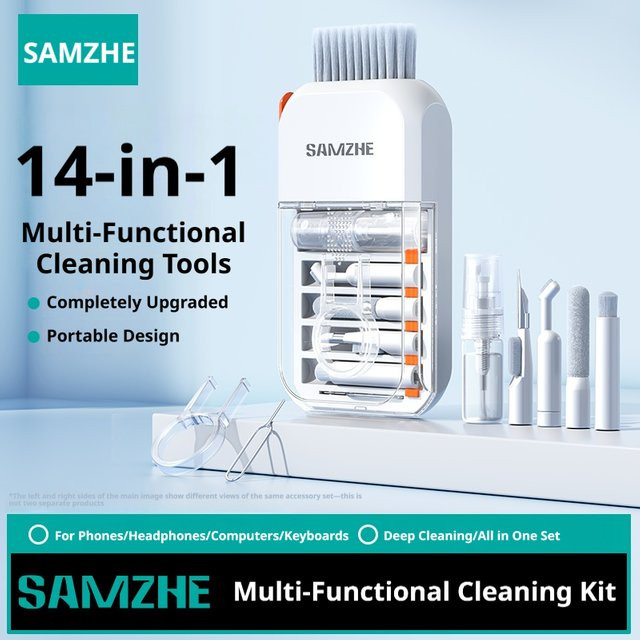 SAMZHE 14-in-1 Multifunktionales Reinigungsset in Weiß für Tastatur, Kopfhörer und Smartphone - Bild 1