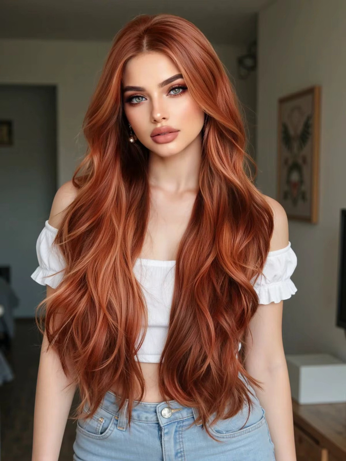 HAIRCUBE Perücke, lange gewellte synthetische Faser, Kupfer Rot Braun, Damen - Bild 3