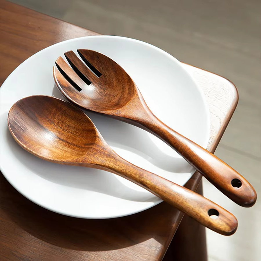 AJOYOUS Besteckset aus Holz mit Löffel und Gabel im japanischen Stil, 2er-Set, Braun, Matt - Bild 3