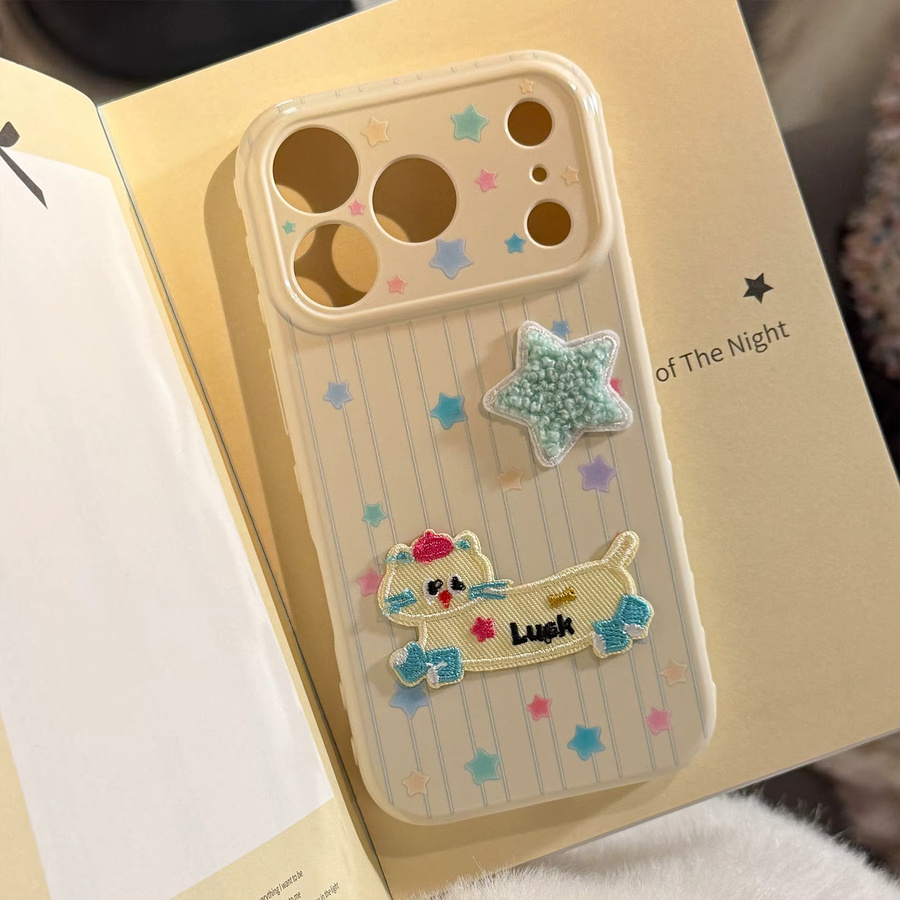 MUQGEW Stoßfestes Soft Cover mit Koreanischem Cartoon Welpen und Kätzchen Stickerei sowie bunten Sternen für iPhone 13, 14, 15, 16 Pro Max und 17, Mehrfarbig - Bild 2