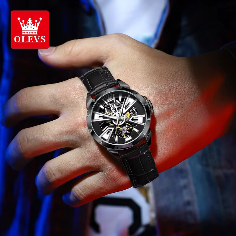 OLEVS Armbanduhr Automatik, Edelstahl, Leder, Schwarz, Herren - Bild 6