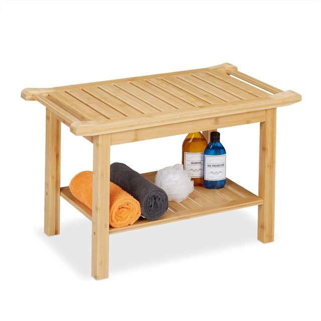 Relaxdays Badhocker aus Bambus in Natur mit Griffen und Ablage, Farbe Braun, B/T/H: 75 x 45 x 40,5 cm - Bild 1