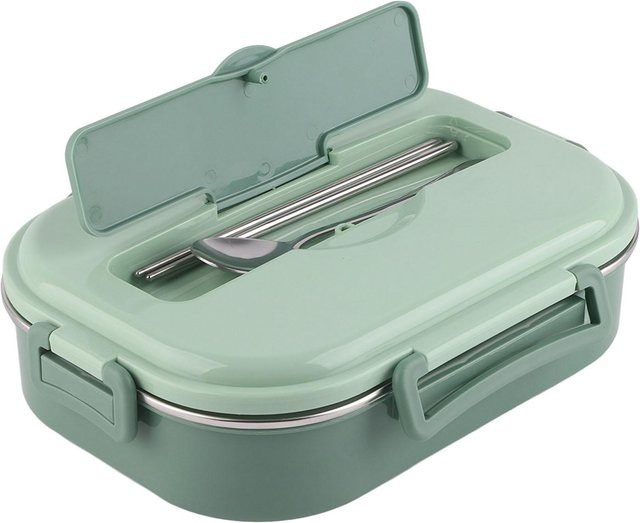 Yiran Furniture Edelstahl Lunchbox mit 4 Fächern und Besteck, auslaufsichere Bento-Box in White und Green - Bild 1
