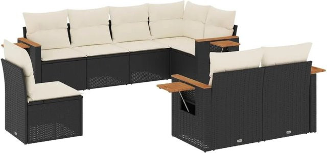vidaXL 8-teilige Garten-Sofagarnitur in L-Form aus Poly-Rattan und Akazienholz mit Kissen in Schwarz-Creme - Bild 1