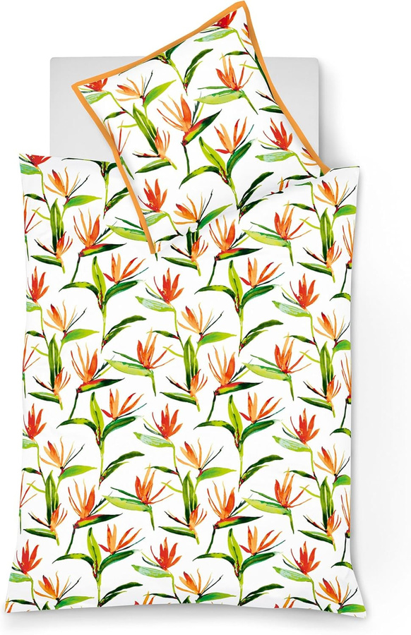 Fleuresse Mako-Satin Bettwäsche mit Blumen-Strelizie-Motiv in Weiß, Grün und Orange, B/H: 155 x 220 cm mit Kissenbezug 80 x 80 cm - Bild 1