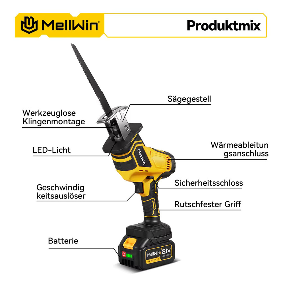 MELLWIN Bürstenlose elektrische Säbelsäge 3600W mit 12000SPM, kabelloses Multifunktions-Schneidewerkzeug für Metall und Holz, kompatibel mit Makita 18V LXT Akku, Gelb - Bild 3