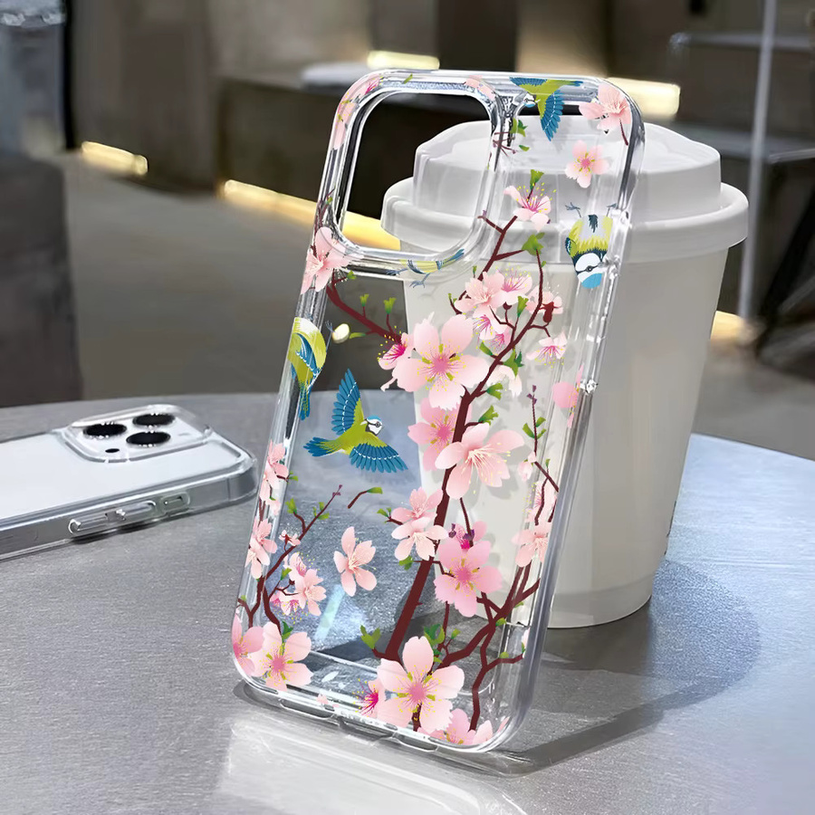 Transparente Handyhülle mit Vintage Kirschblüten- und Vogel-Print für iPhone 17 16 15 14 13 12 11 Pro Max aus TPU mit Anti-Sturz Schutz - Bild 4