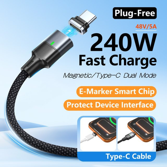 Magnpter Magnetisches USB-C auf Typ-C Datenkabel mit 240W PD 3.1 Schnellladegerät in Schwarz - Bild 1
