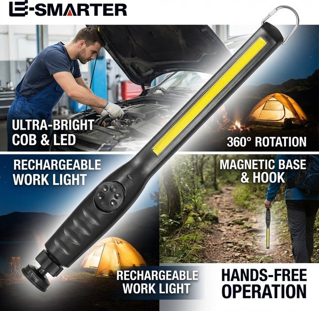 ESMARTER Magnetische COB LED-Arbeitslampe, Tragbare Kabellose Inspektionsleuchte in Schwarz für Autoreparatur, Garage und Notfälle - Bild 1