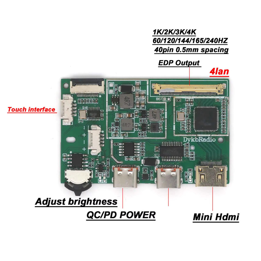 DykbRadio HDMI zu EDP Treiberplatine 40PIN für LCD Display Bildschirme, unterstützt 2K/4K Auflösung mit 60Hz, 120Hz und 144Hz, Farbe: Grün - Bild 2