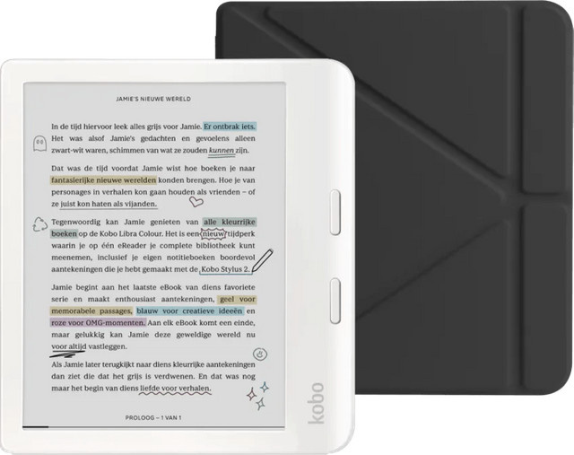 Kobo Libra Colour E-Ink E-Reader in Weiß mit BlueBuilt Book Case in Schwarz - Bild 1