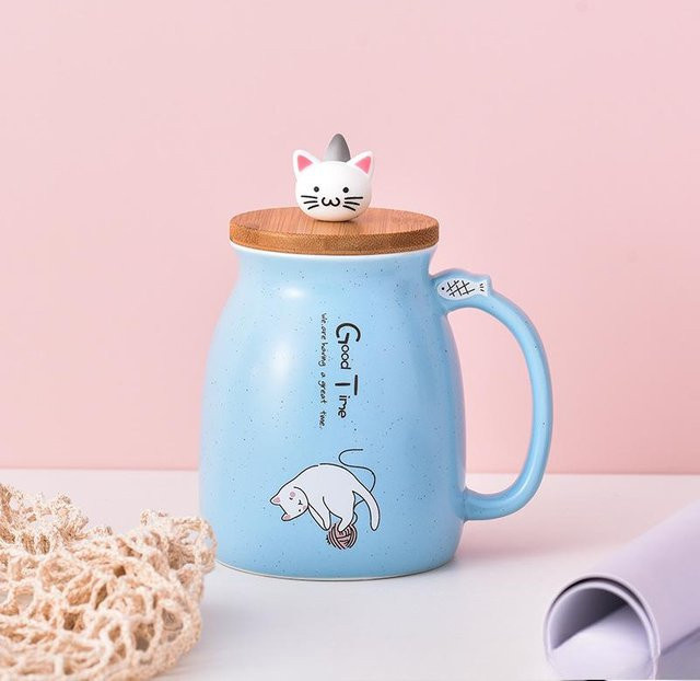 Yiran Furniture Keramiktasse mit Cartoon Katze, Deckel und Löffel, Blau, 450,5 ml - Bild 1