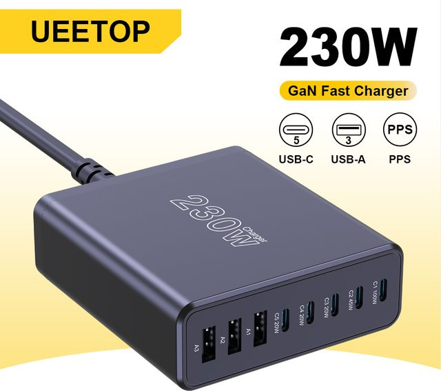 Ueetop 230W USB-C Desktop Ladestation mit mehreren Ports, Schnellladegerät mit PPS und PD für MacBook, iPhone und Samsung, Schwarz - Bild 1