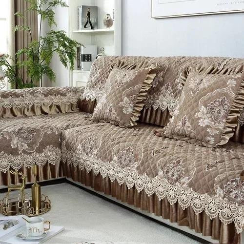 BC-Warm Home Universal-Sofabezug mit großem Rock im europäischen Stil, rutschfeste Sofamatte aus Baumwoll-Leinen-Jacquard mit floralem Muster in Braun, B/T/H: 90 x 90 x 18 cm - Bild 1