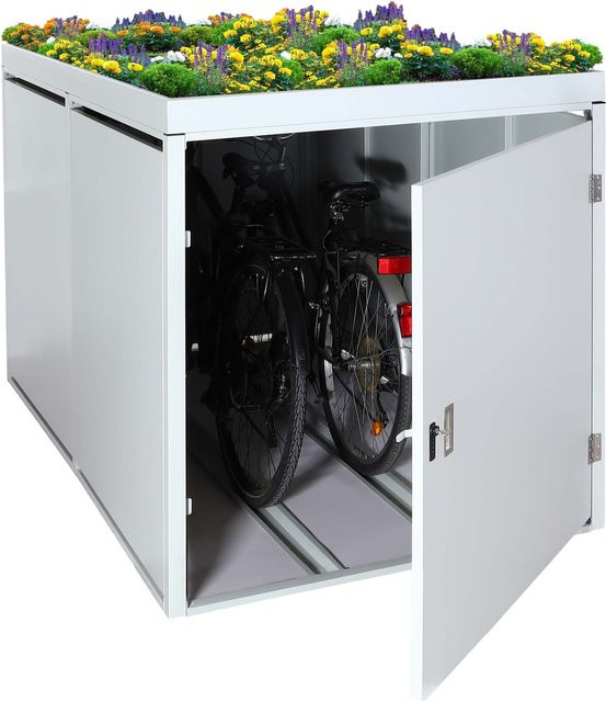 MCW 2er-Fahrradgarage mit Pflanzkasten MCW-L56b aus verzinktem Stahl, abschließbare Fahrradbox, hellgrau, B: 125 cm, T: 113 cm, H: 208 cm - Bild 1