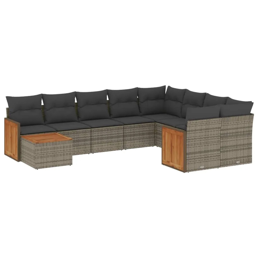 vidaXL 10-tlg. Garten-Sofagarnitur in L-Form aus Poly-Rattan und Akazienholz mit Kissen in Grau - Bild 2