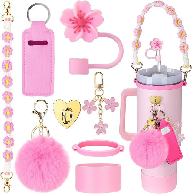 Upors 8-teiliges Tassenzubehör Set für Stanley 30/40oz Tumbler mit Griffband, Chapstick Holder, Boot, Schlüsselanhänger, Charms und Stroh Topper in Blau und Pink - Bild 1