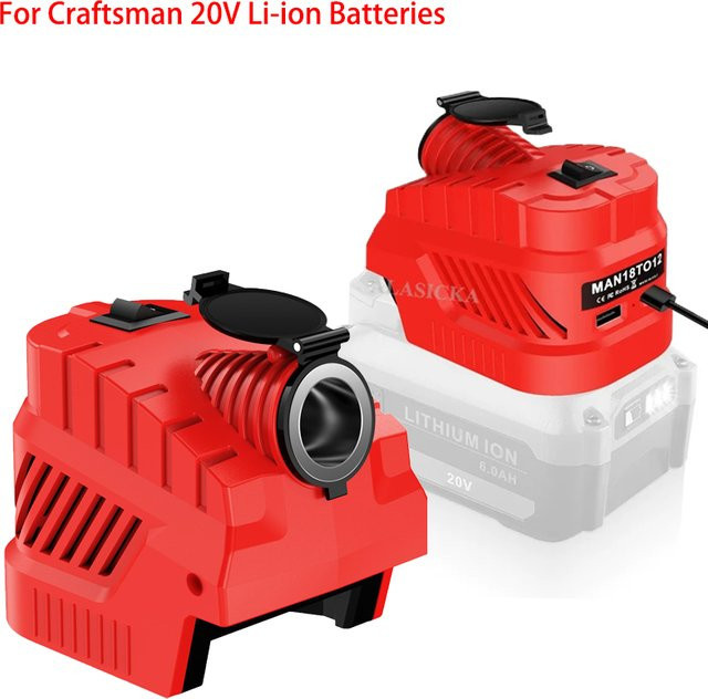 DC 12V Step-Down-Wechselrichter-Netzteil für Craftsman 20V Lithiumbatterien mit USB-A und Typ-C Anschlüssen sowie Zigarettenanzünder-Buchse in Rot - Bild 1