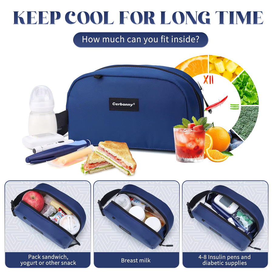 Cerbonny Wiederverwendbare Lunch-Tasche mit Kühlakkus, Isolierte Kühltasche für Mittagessen und Snacks, Auslaufsicher und Tragbar, Marineblau, 2,5 l - Bild 4