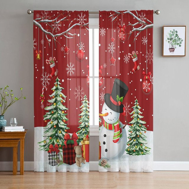 Transparentes Chiffon-Fensterdekoration mit Winter-Hirsch-Motiv in Rot, Breite: 135 cm, Höhe: 137 cm - Bild 1