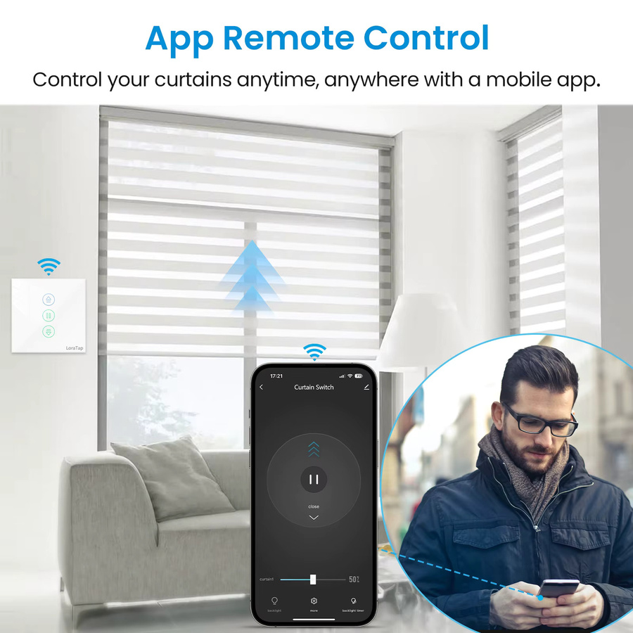 LoraTap Smart Electric Curtain Motor Switch mit Touch-Steuerung, Timer und Sprachsteuerung über Alexa und Google Assistant, Weiß - Bild 2