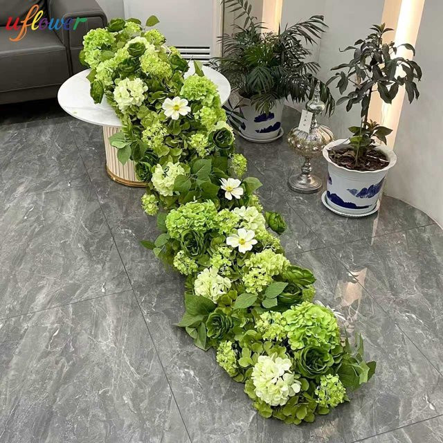 Uflower Künstliche Grüne Rosen Blumenreihe als Tischläufer für Hochzeit und Party Dekor - Bild 1
