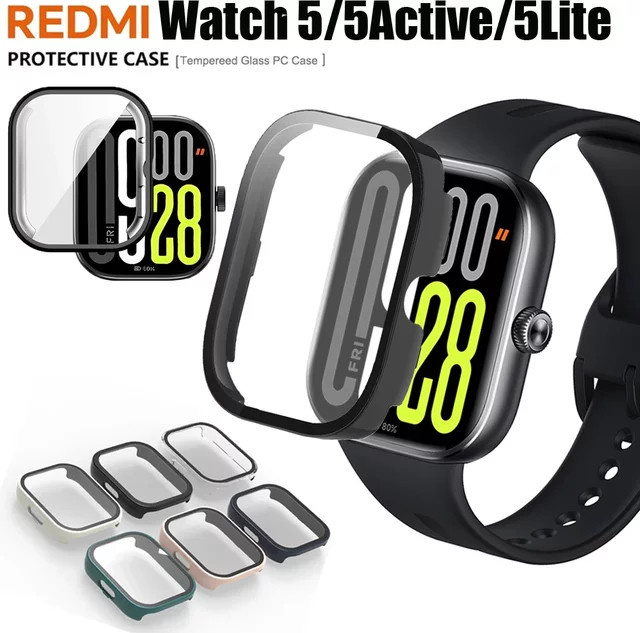 Uhrengehäuse für Xiaomi Redmi Watch 5 Active/5 Lite, PC-Gehäuse, Gehärtetes Glas, Schwarz - Bild 1