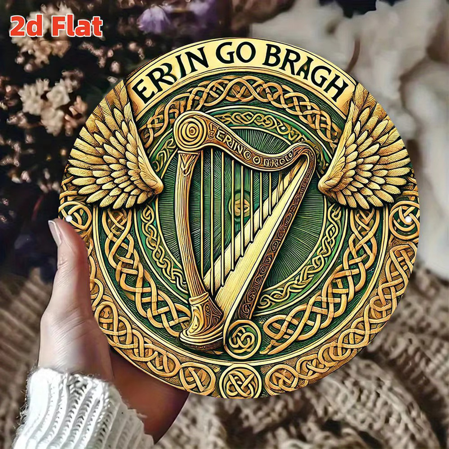 Potdemiel Keltische Wanddekoration Erin Go Bragh mit goldener Harfe, runde Aluminium-Metallplakette, Durchmesser: 20 cm - Bild 4