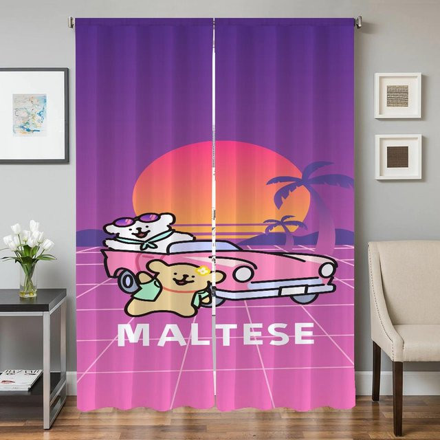 2er-Set Verdunklungsvorhänge mit Malteser Hund Motiv, halbtransparent, modern, Mehrfarbig, B: 50 cm, H: 70 cm - Bild 1