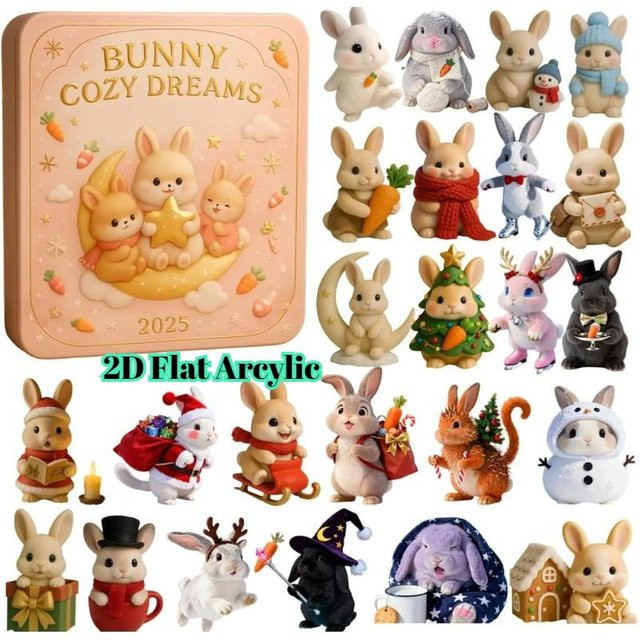 Bunny Cozy Dreams Adventskalender 2025 von Happy Camp mit 24 orangefarbenen Kaninchen-Acryl-Anhängern als Weihnachts-Countdown - Bild 1