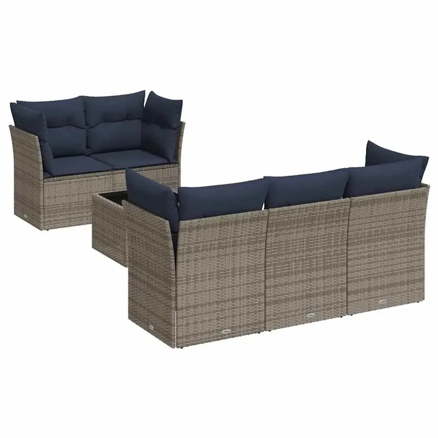 vidaXL 6-teilige Garten-Sofagarnitur in L-Form aus Poly-Rattan mit Kissen in Grau-Blau - Bild 2