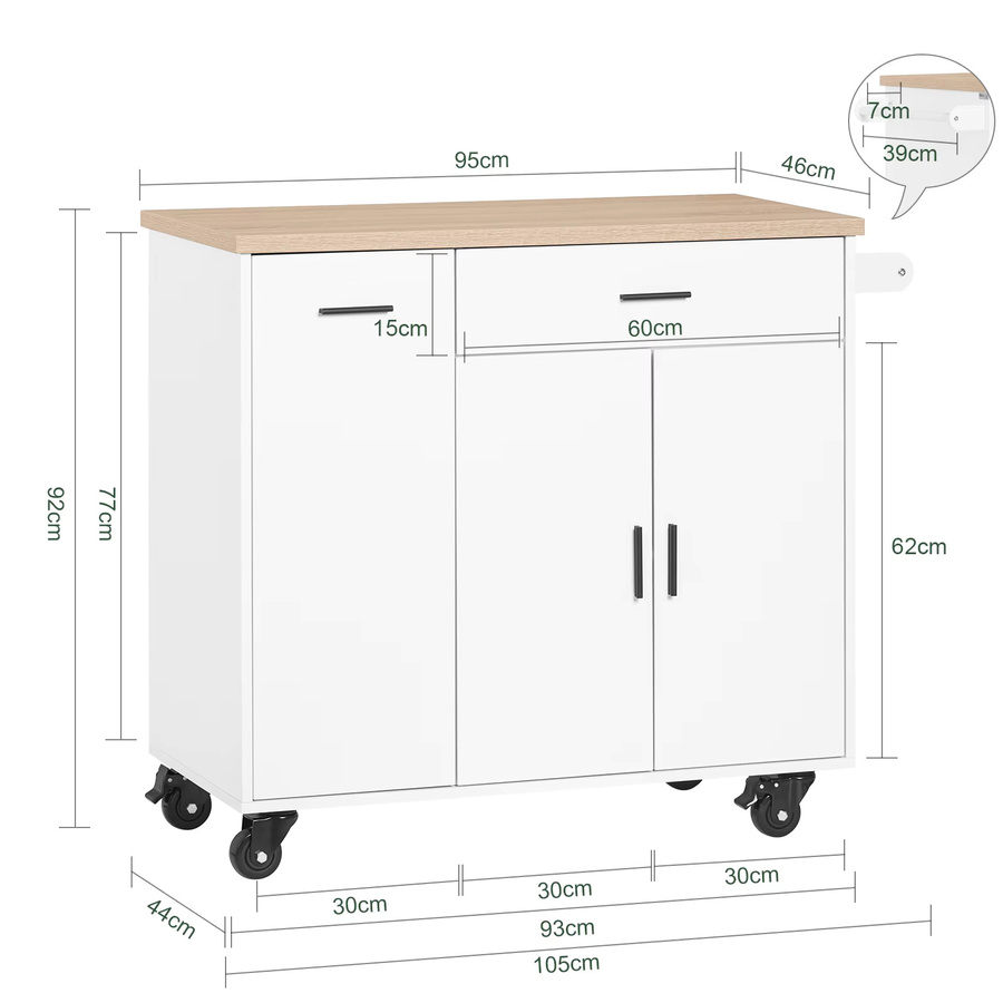 SoBuy Küchenwagen FKW126-WN Design Kücheninsel mit Arbeitsplatte und Gewürzregal in Weiß, B/T/H: 105 x 92 x 46 cm - Bild 2