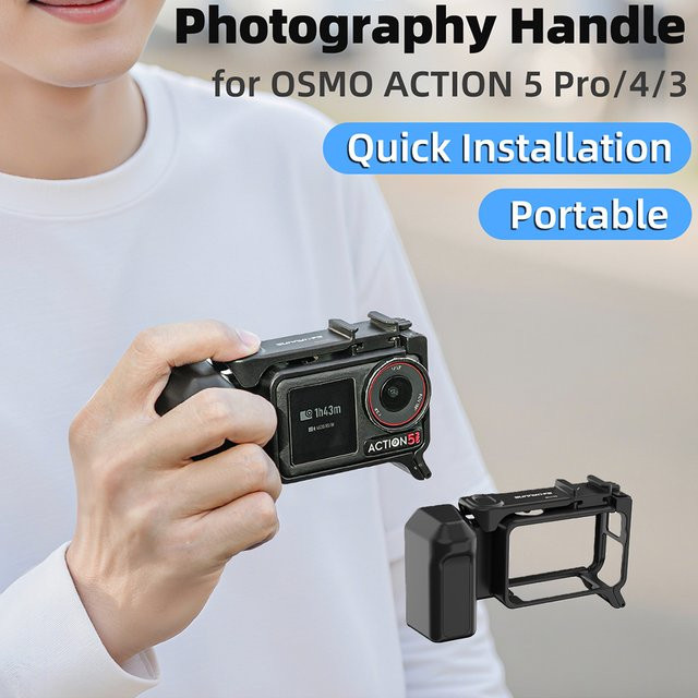 ZNTCH Straßenhandgriff-Set für DJI Osmo Action 5 Pro, 4 und 3 in Schwarz mit Griffhalterung, Schnellverschluss-Kaninchenkäfig, Auslöser und Schutzrahmen - Bild 1