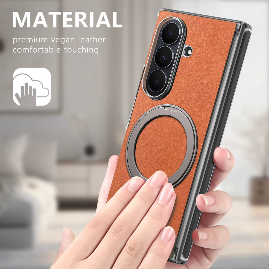 Retro Leder Handyhülle für Samsung Galaxy Z Fold 7 6 5 mit 360 Grad drehbarem Ringhalter und magnetischer kabelloser Ladefunktion in Schwarz - Bild 5