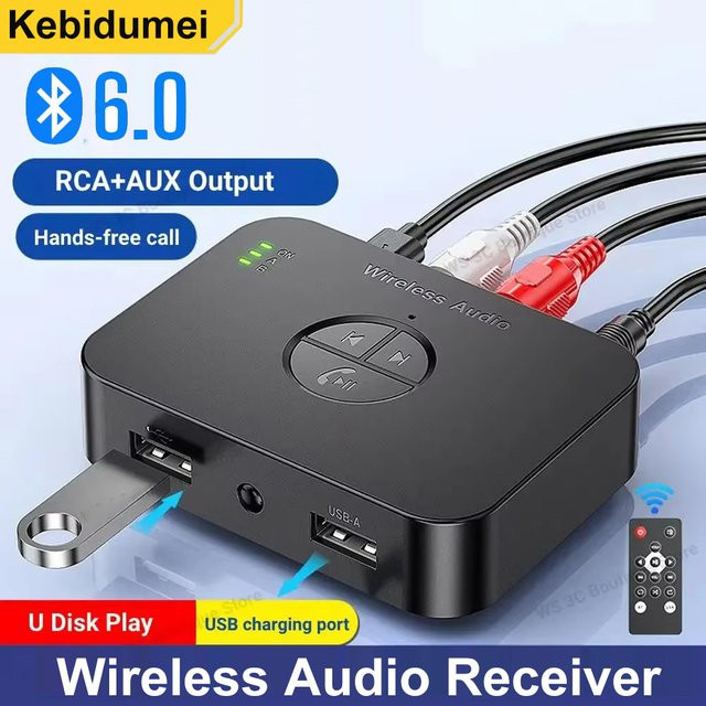 kebidumei Bluetooth 6.0 Audio Receiver in Schwarz mit 3,5mm AUX und RCA Stereo Anschluss für verlustfreies Musikstreaming sowie U-Disk Unterstützung für Auto und Lautsprecher - Bild 1