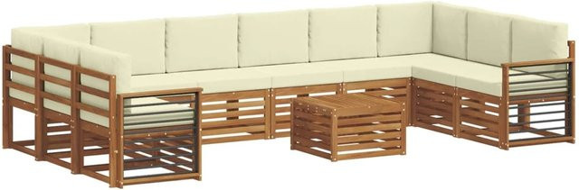 vidaXL Sofagarnitur aus Massivholz Akazie in Natur und Creme, 11-teiliges L-Shape Set mit Polstern und Armlehnen - Bild 1
