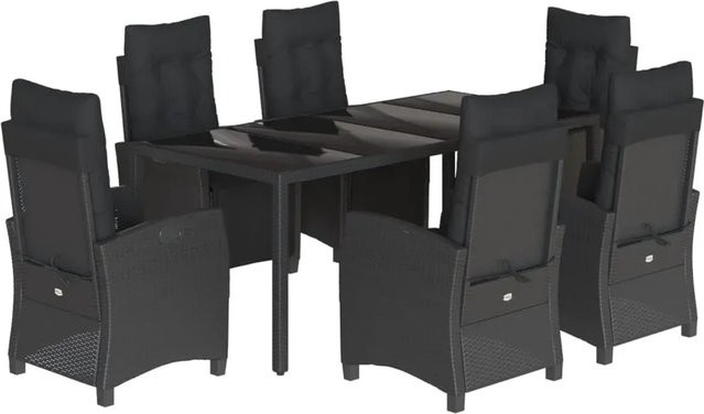 vidaXL 7-teilige Garten-Essgruppe aus schwarzem Poly-Rattan mit Kissen und Hartglas-Tischplatte - Bild 1