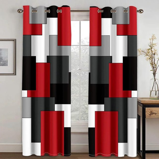 Yiran Furniture Vorhänge mit abstraktem geometrischem Design in Schwarz und Rot, 2er-Set mit Haken, Breite: 50 cm, Höhe: 130 cm - Bild 1