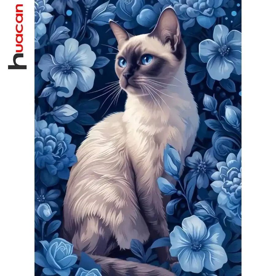Huacan Diamant-Gemälde mit Katze und Blumen als Wanddeko im Mosaik-Stil mit Full Round Steinen, B/H: 40 x 30 x 2 cm - Bild 4
