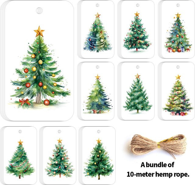 50 Stück Weihnachtsgeschenkanhänger aus Papier mit Hanfseil in Weiß für deine Weihnachtsbaumdekoration und DIY-Bastelprojekte - Bild 1