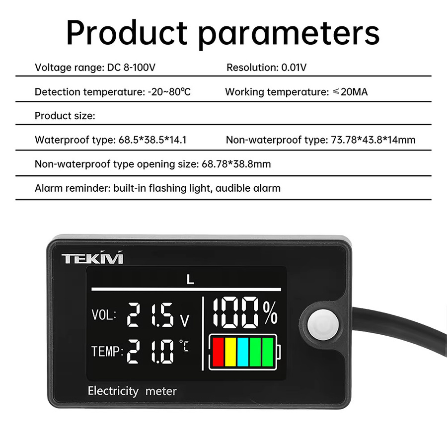 Voktta Digitales DC Spannungsmessgerät mit LCD-Farbbildschirm für 8–100 V zur Messung von Spannung, Leistung und Strom für Lithium-Eisen- und Säure-Batterien - Bild 4