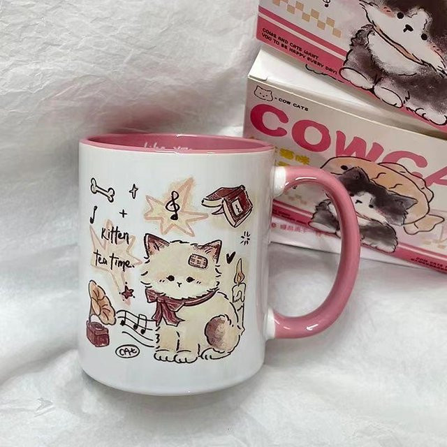 Keramiktasse mit Cartoon Hund und Katze Design, Weiß, 330 ml - Bild 1