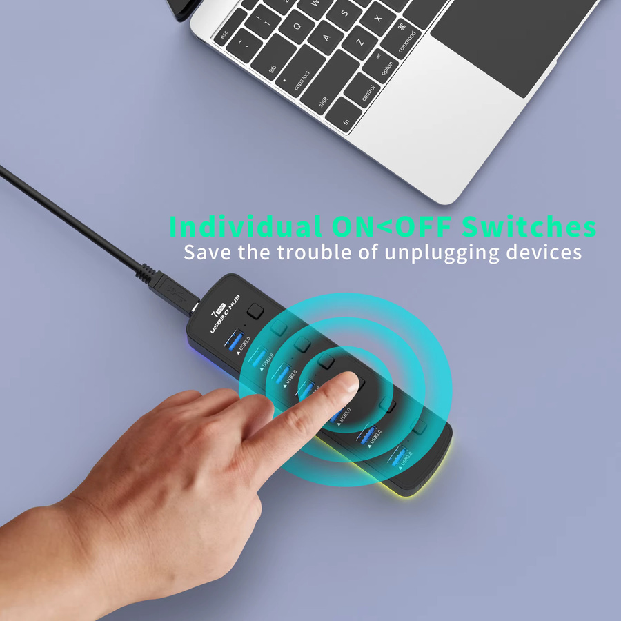 YUXI RGB USB 3.0 Hub mit 7 Ports und individuellen Ein/Aus-Schaltern, 5 Gbit/s Datenübertragung, Schwarz - Bild 3