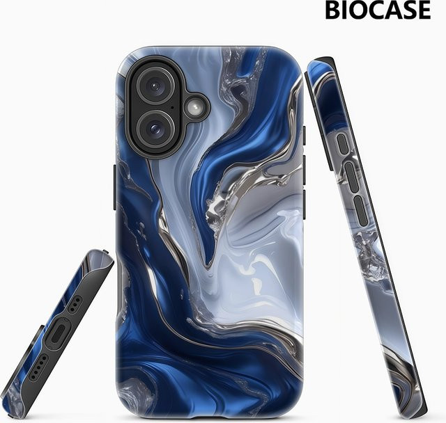 Handyhülle mit fließender Textur in Blau und Silber für Apple iPhone 17 16 15 14 13 12 Pro Max Plus mit doppelschichtiger Rückseite - Bild 1