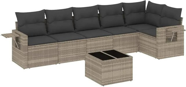 vidaXL 7-tlg. Garten-Sofagarnitur in L-Form aus Poly-Rattan in Hellgrau mit Kissen und pulverbeschichtetem Stahlgestell - Bild 1