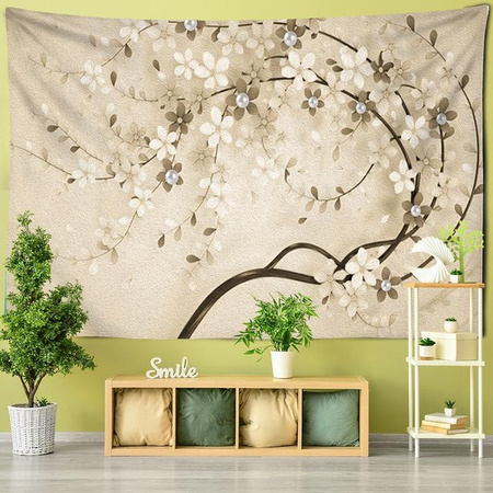 Wandteppich Super Six mit Mandala, Papagei und Kirschblüten in Weiß und Beige, B: 95 cm, H: 70 cm