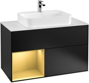 V&B Waschtischunterschrank Finion 100 in Weiß lackiert mit Regalelement links und Goldgriffen, B/T/H: 100 x 50,1 x 50,1 cm - Bild 1